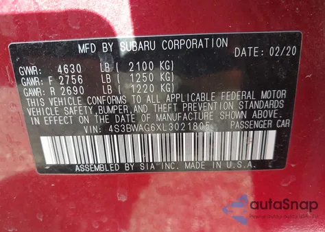 2020 Subaru Legacy Sport z USA, uszkodzony, nr VIN 4S3BWAG6XL3021805